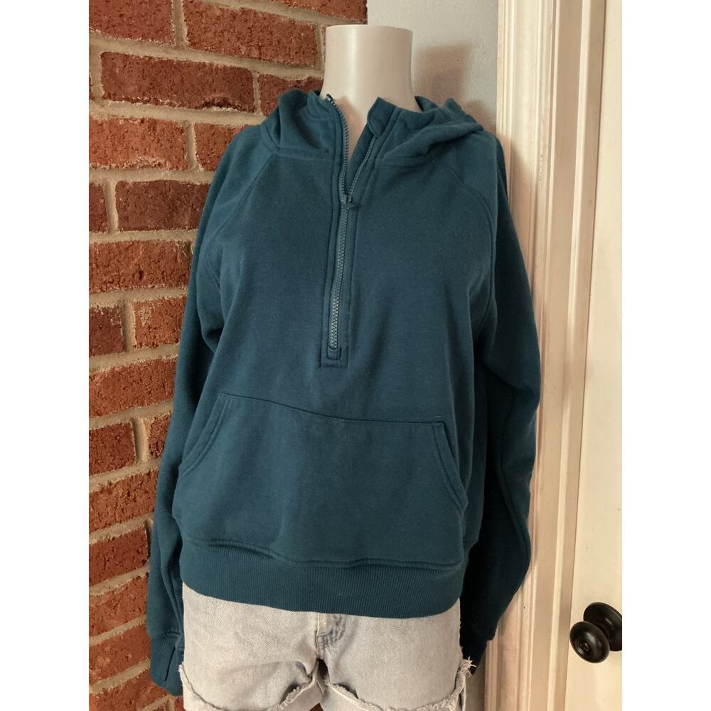 Ribbed Half Zip Hoodie Size Large Teal Blue Athleisure Loungewear